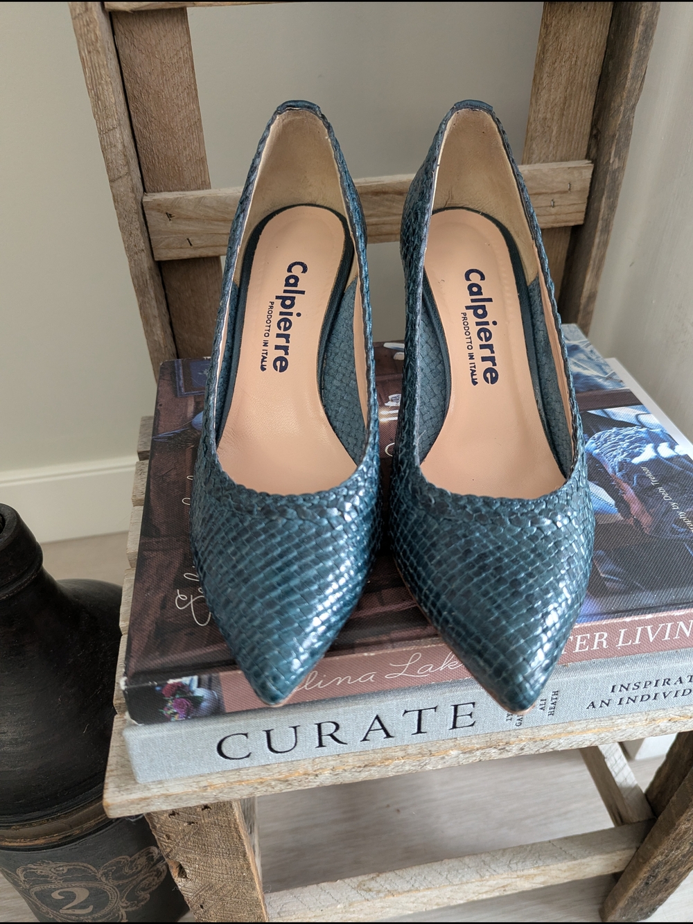 Italian Snake-Embossed Pointed Toe Leather Pumps